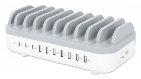 Estacion de Carga Manhattan 10 Puertos, 3x USB-C PD 3.0, 7x USB-A, Blanco/Gris - Image 3