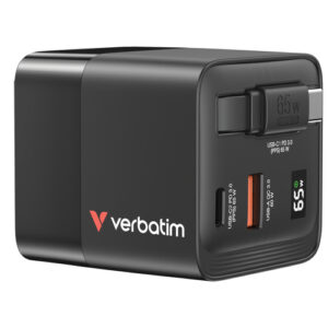 Cargador Verbatim, 65W, 2x USB-C, 1x USB-A, Carga rapida, 100v-240v, Negro