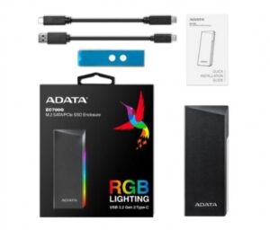 Enclosure ADATA EC700G RGB para M.2, SATA/PCIe SSD, USB 3.2 GEN 2 Tipo-C, Color Negro