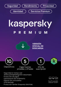 Licencia Kaspersky PREMIUM + CUSTOMER SUPPORT / 10 Dispositivos / 5 Cuentas KPM / 365 dias / Electronica ESD