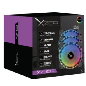 Kit de 3 Ventiladores XZEAL RGB, 120mm, 1200 RPM, Color Negro, XZVE100B