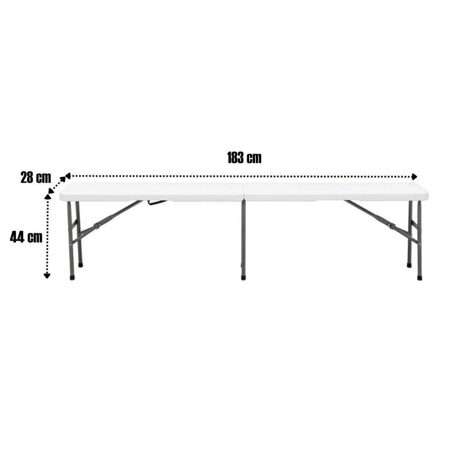 Banca MODAMOB plegable por mitad largo 1.83mts, ancho 28cm, alto 43.5cm, tubo grosor 22mm, empaque uso rudo